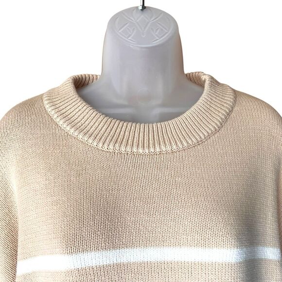 Neutral Beige/White Stripe Crew Neck Pullover Sweater Sz L Classic Minimalist - Picture 2 of 6